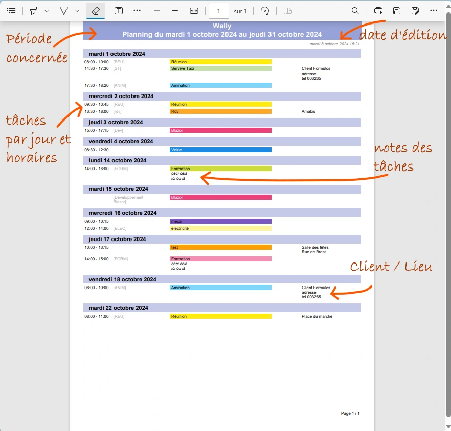 détail de l'impression du planning d'un salarié