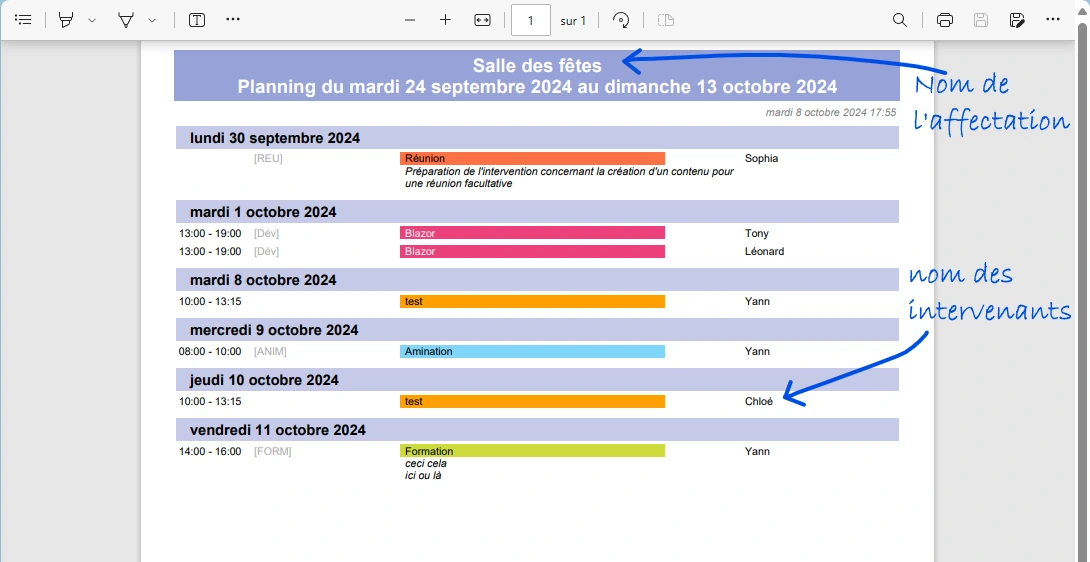 détail de l'impression du planning par affectations