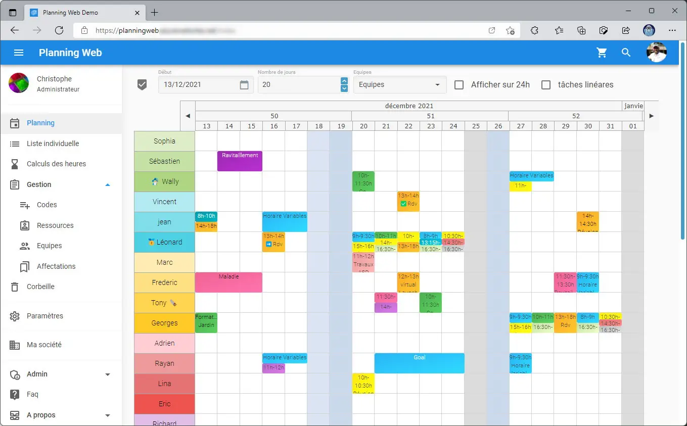 Vue principale du planning