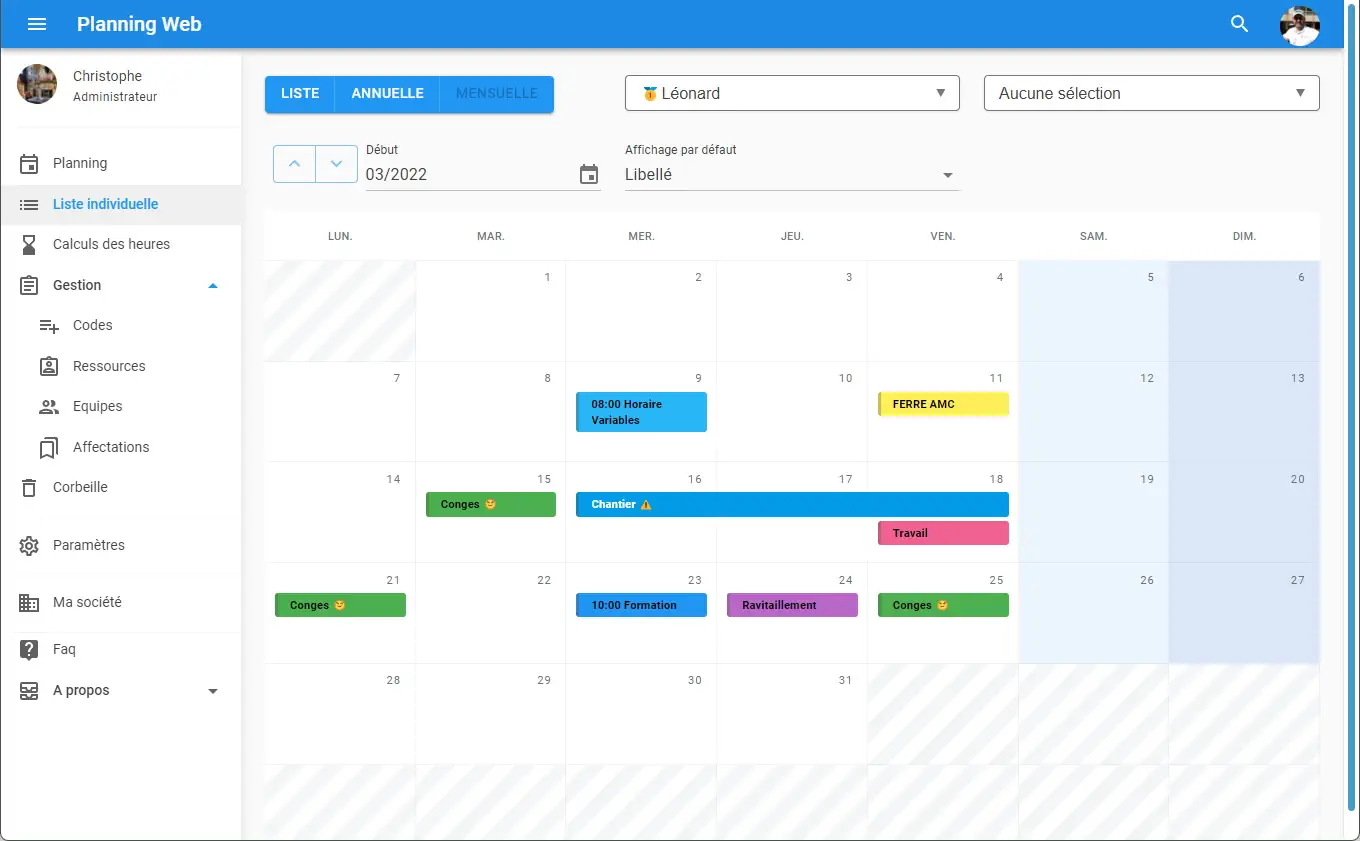 Vue Calendrier du SodeaSoft planning Web